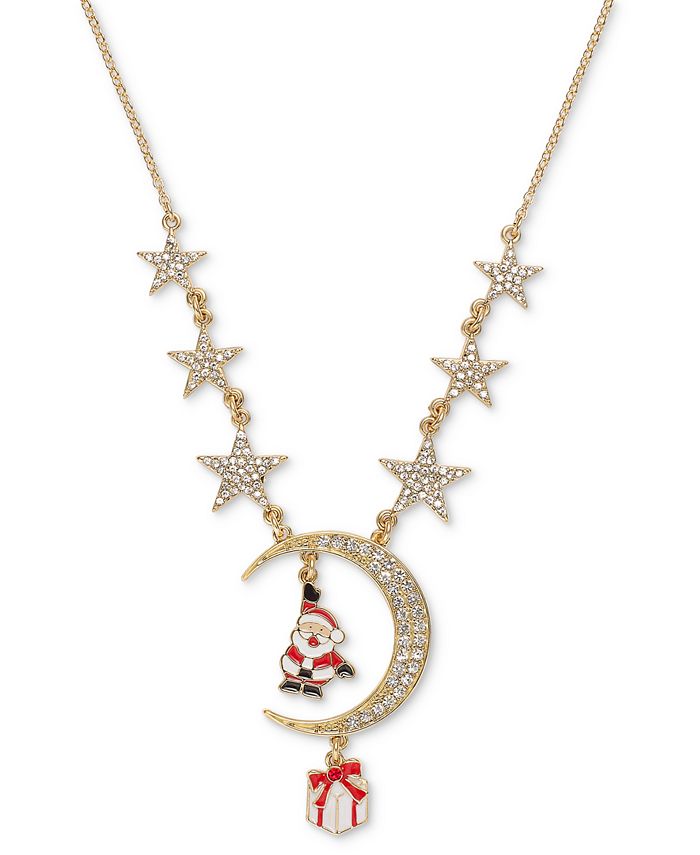 Holiday Lane Gold Tone Pav Star Moon Santa Lariat Necklace 18