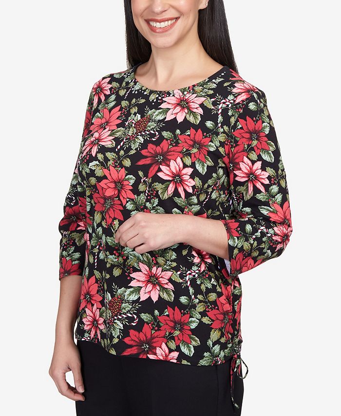 Alfred Dunner Petite Classics Poinsettia and Candy Canes Crew Neck Top
