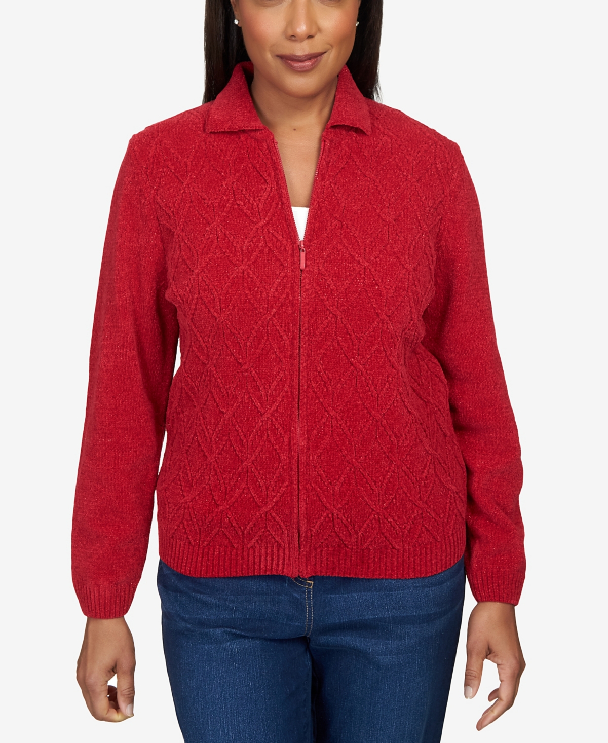 Petite Classics Chenille Zip Front Cardigan Sweater In Crimson