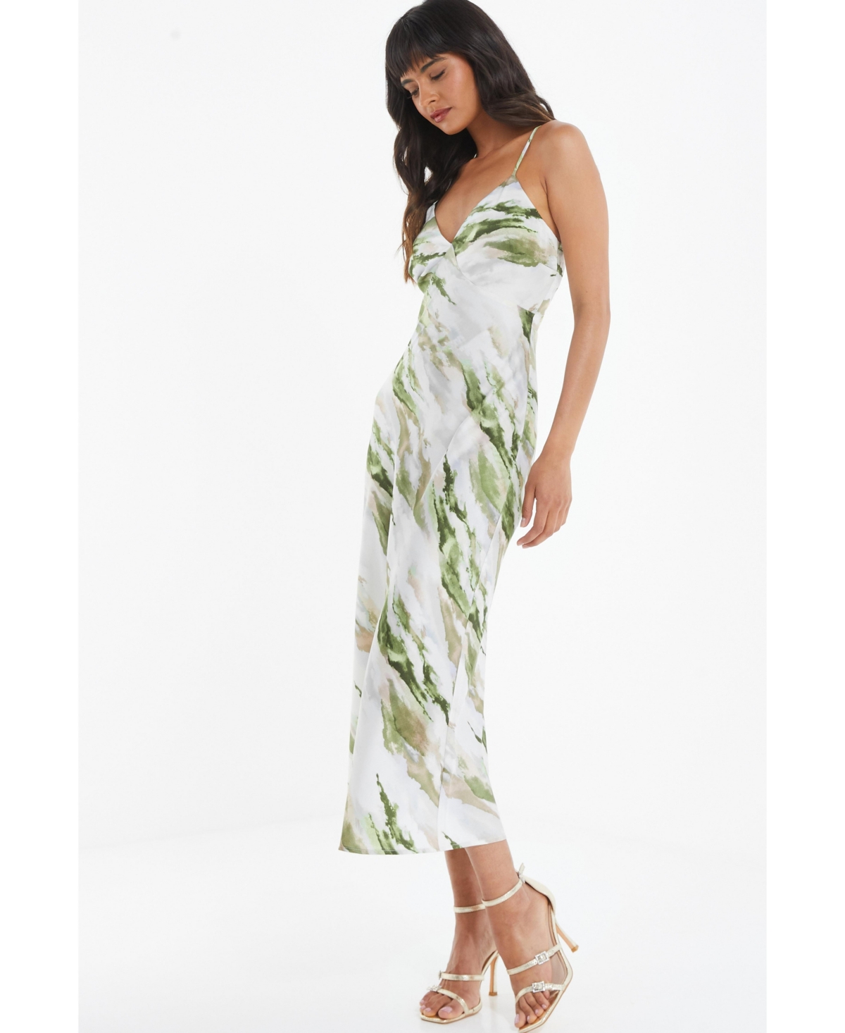 Women's Abstract Satin Midaxi Slip Dress - Green