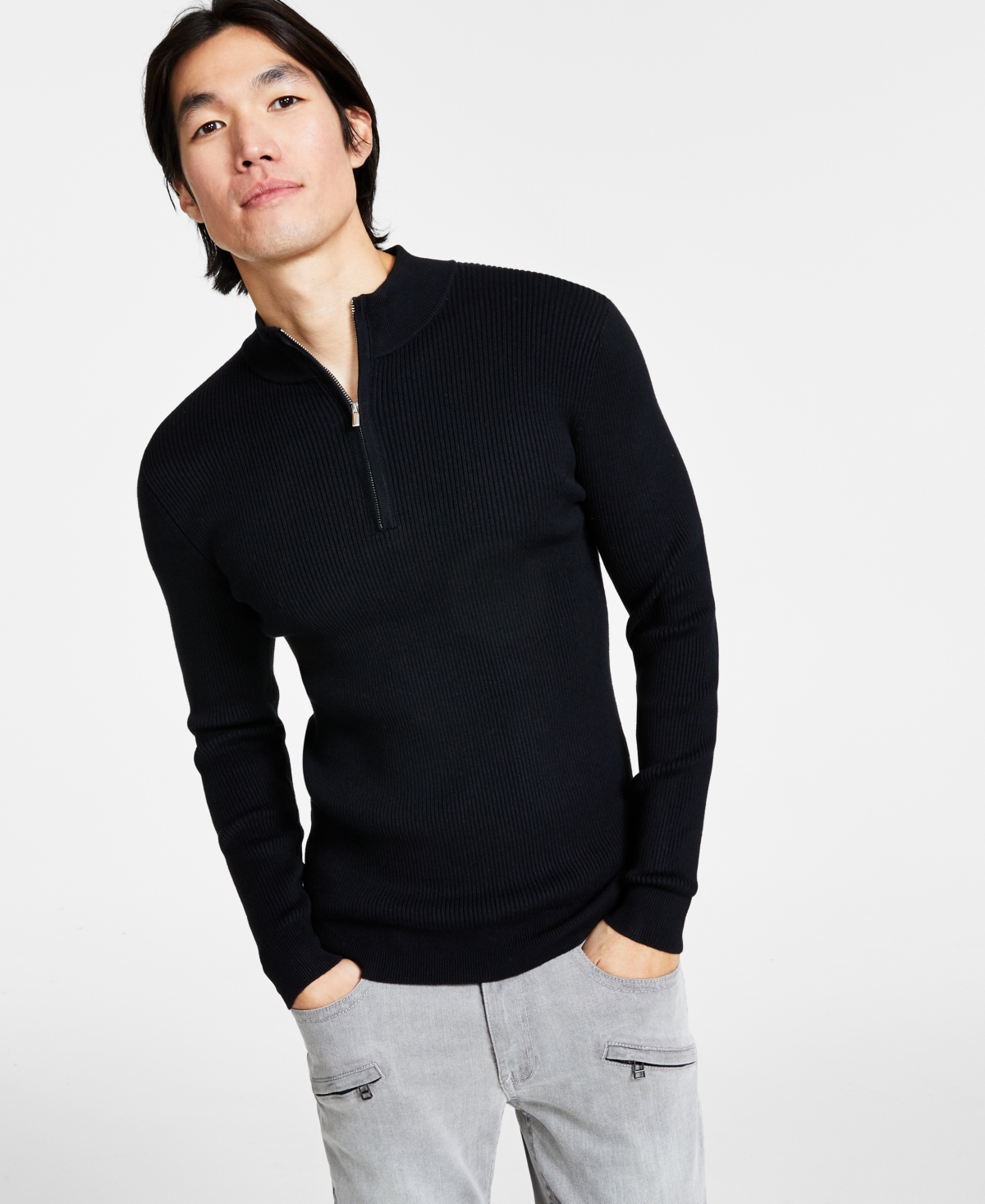 Inc International Concepts Men's Regular-fit Ribbed-knit 1/4-zip Mock Neck Sweater, Created For Macy's In Deep Black