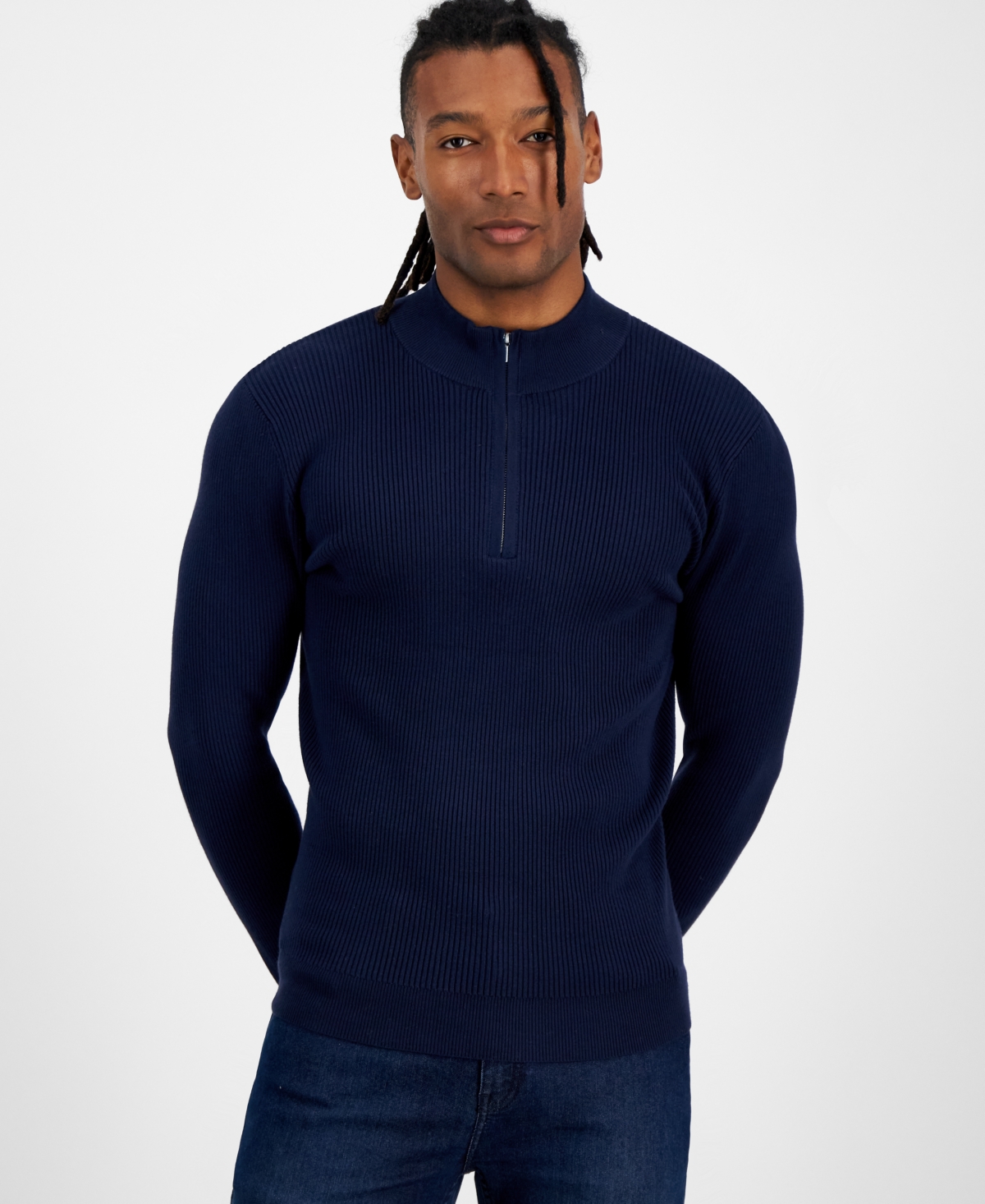 Shop Inc International Concepts Men's Regular-fit Ribbed-knit 1/4-zip Mock Neck Sweater, Created For Macy's In Basic Navy