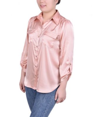 Petite Tabbed Long Sleeve Satin Blouse