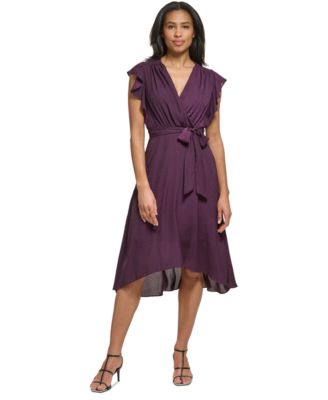 DKNY - Women's Flutter-Sleeve Belted High-Low Dress