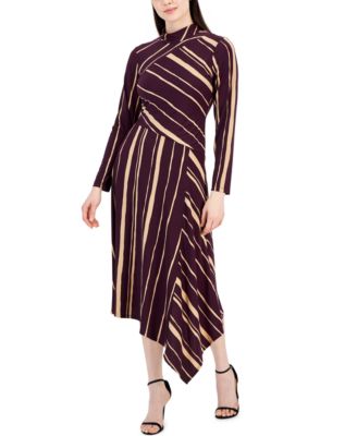Taylor - Petite Striped Mock-Neck Asymmetrical-Hem Dress