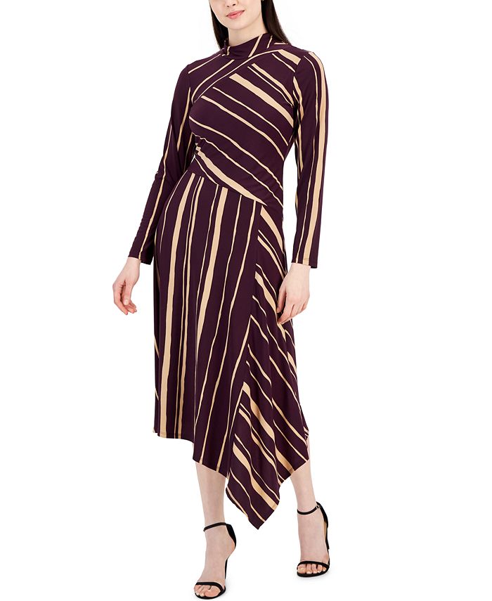 Taylor - Women's Printed Asymmetrical-Hem Long-Sleeve Dress
