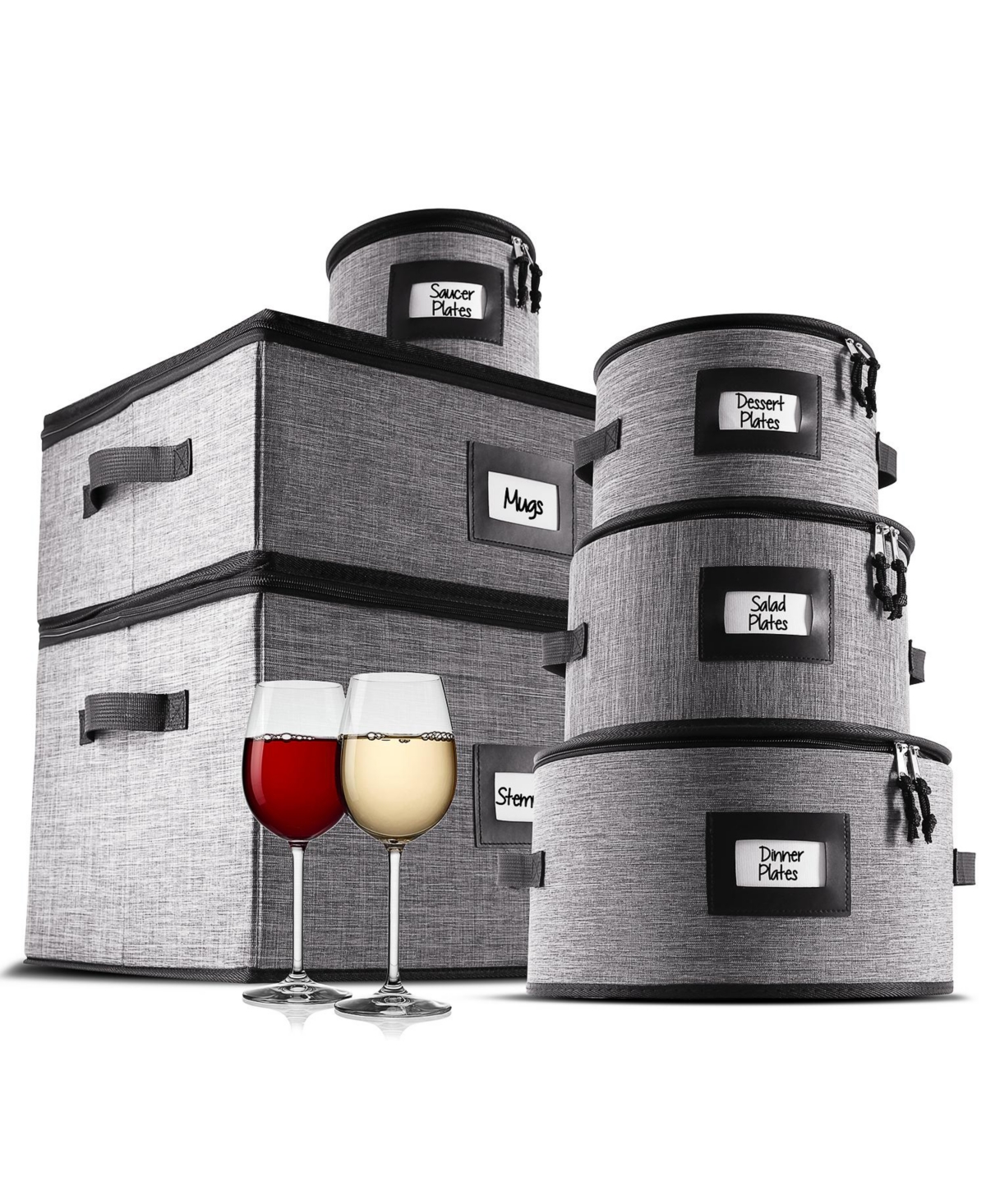 6 Piece Hard Shell Fine China Plates, Mugs and Wine Glass Storage Set - Holds a 12 Serving Set - Grey  black