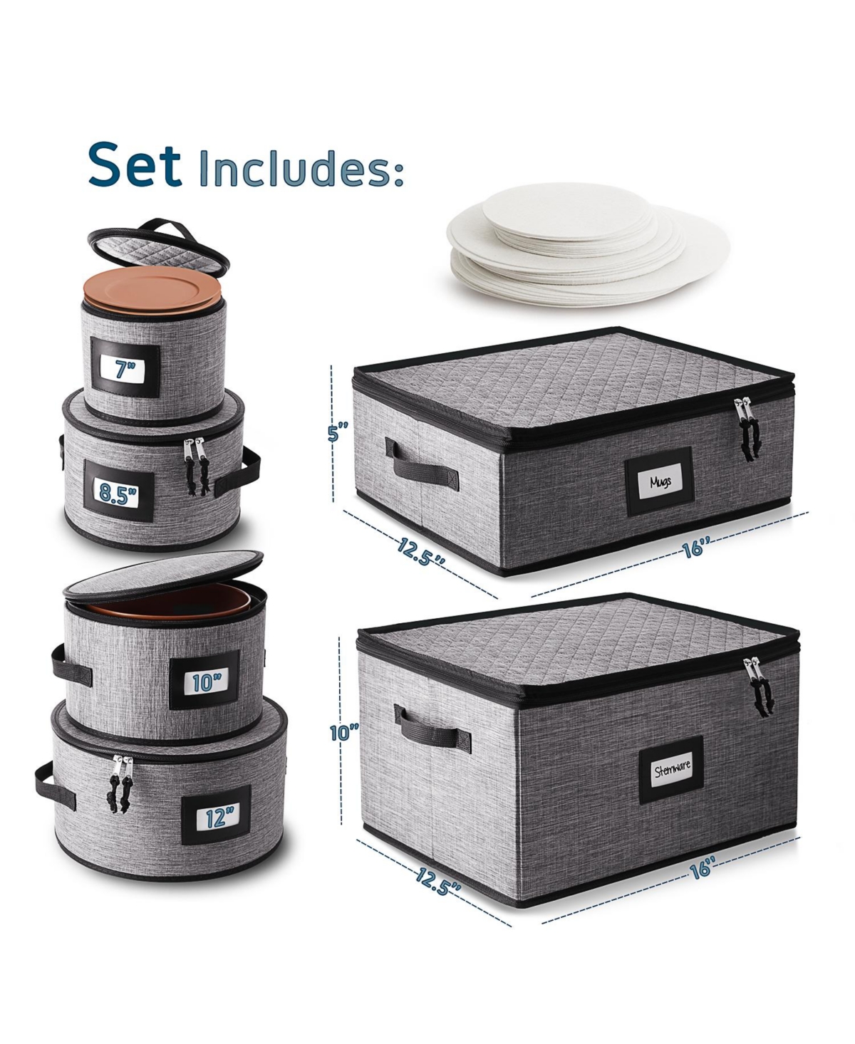 6 Piece Hard Shell Fine China Plates, Mugs and Wine Glass Storage Set - Holds a 12 Serving Set - Grey  black