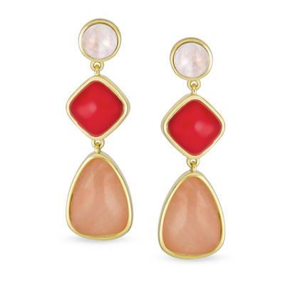 Unique Long Round Square Teardrop Shape 3 Multi-Tier Summer Party Red Peach Pink Synthetic Quartz Dangling Earrings Gold Plated