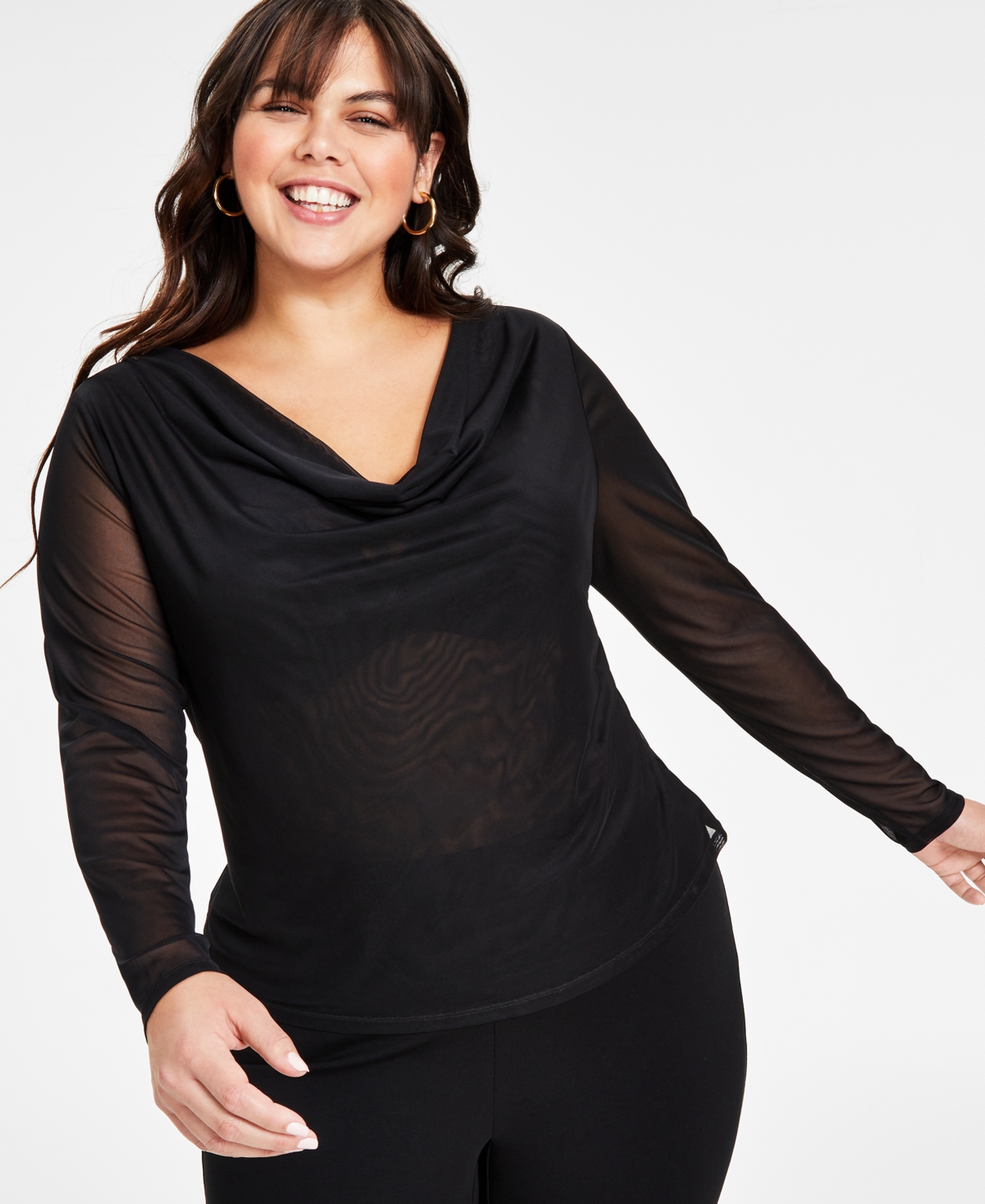 Bar Iii Plus Size Long-sleeve Mesh Cowlneck Top, Created For Macy's In Deep Black