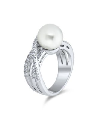 Geometric Criss Cross Pave CZ Solitaire White Simulated Pearl Fashion Statement Ring Silver Plated Brass