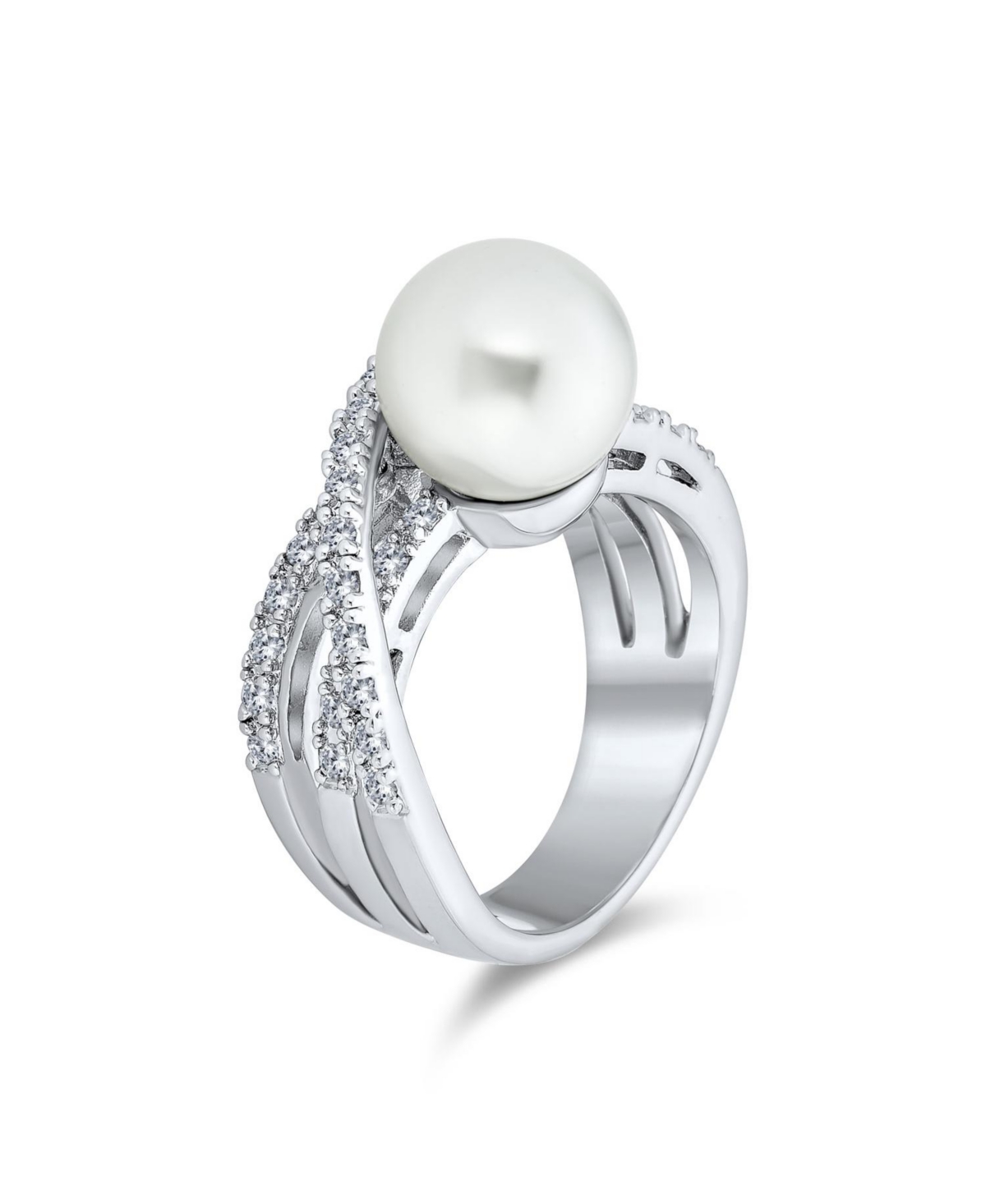 Bling Jewelry Geometric Criss Cross Pave Cz SolitaireSimulated Pearl Fashion Statement Ring For Women Rhodium Plated Brass - White