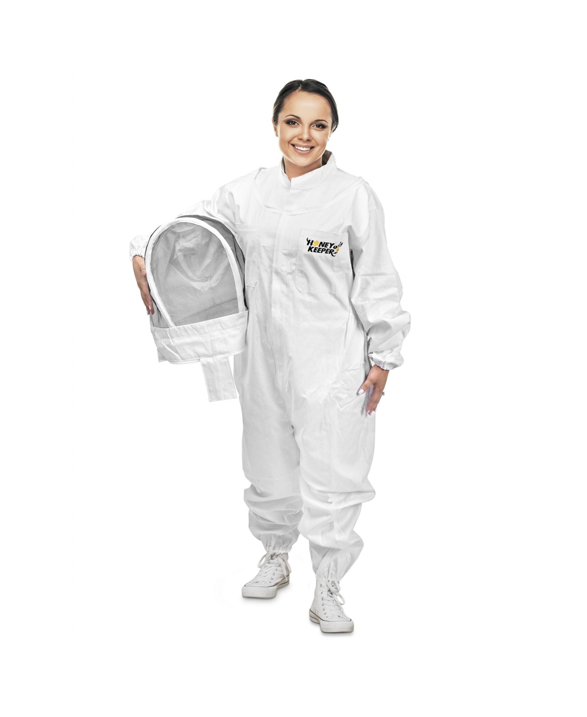 Professional Cotton Full Body Beekeeping Suit with Self Supporting Veil Hood - Large - White