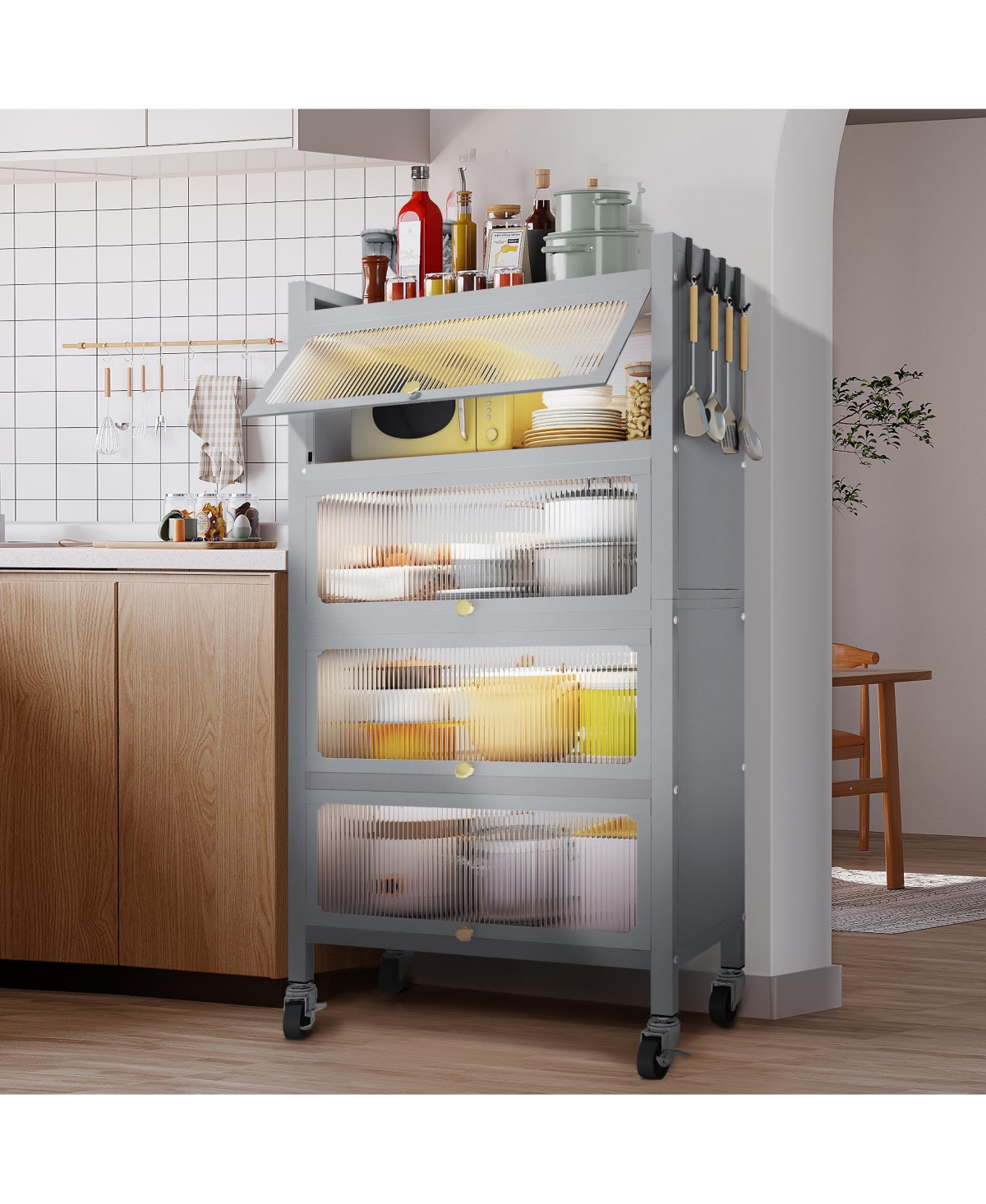 Mega Casa 4 Door Accent Cabinet, 5 Tier Kitchen Organizer Shelf,- Grey
