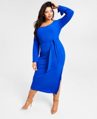 Bar III - Plus Size Long-Sleeve Square-Neck Tie Rib Midi Dress