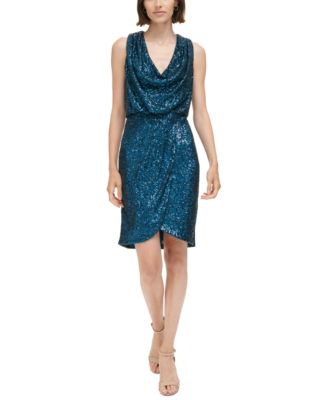 Eliza J - Women's Cowlneck Sleeveless Faux-Wrap Sequin Dress