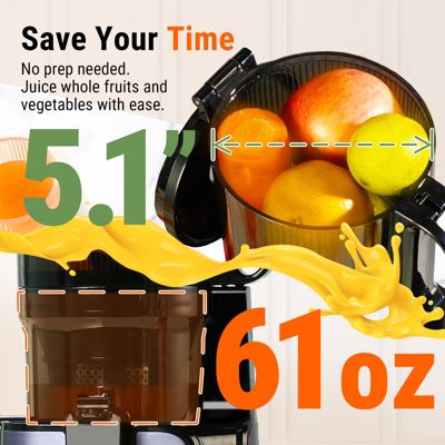 Cold Press Juicer, Masticating Juicer with 5.1 Inch Large Feed Chute, 250W Power High Juice Yield for Batch Juicing