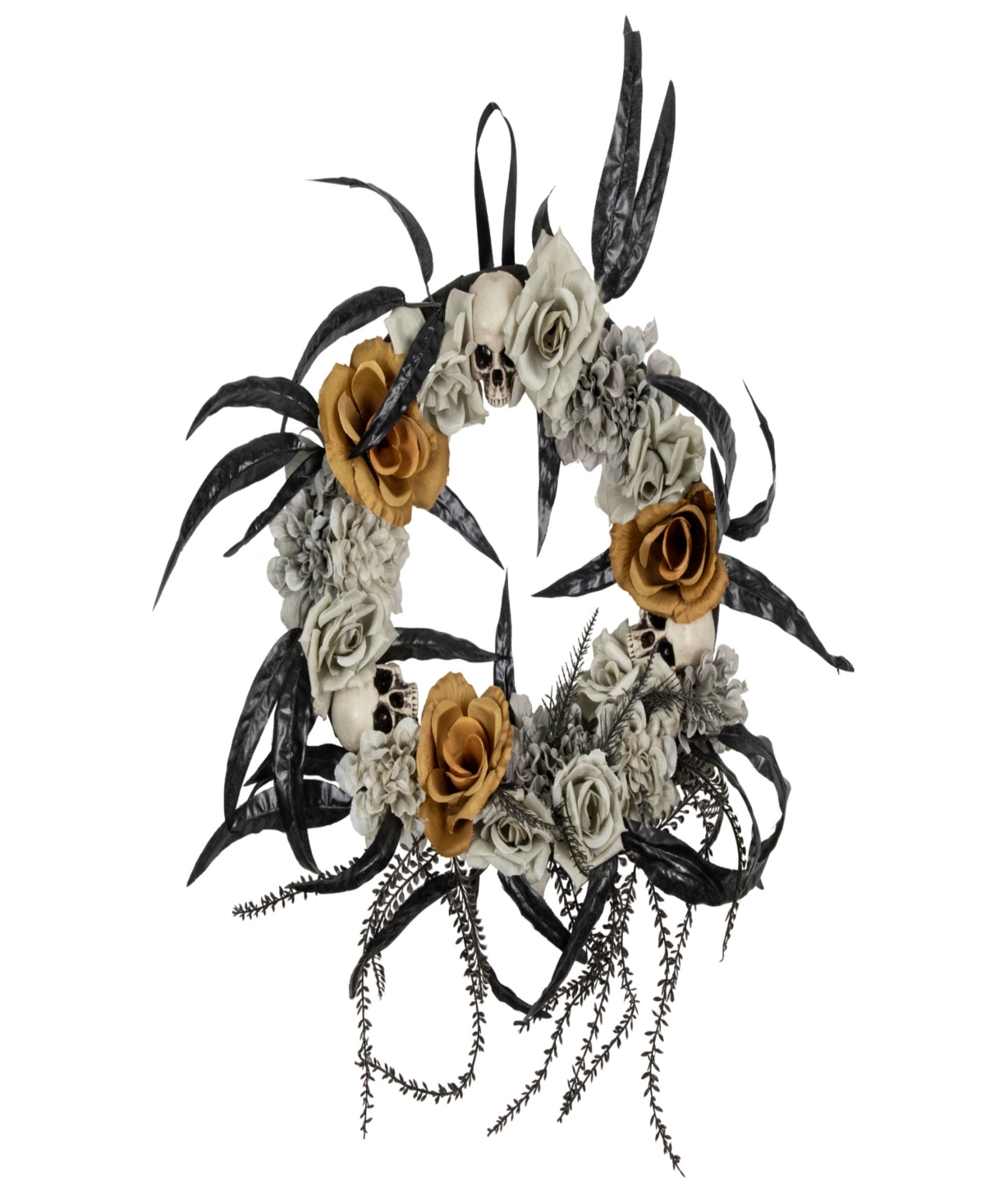 Skulls with Roses Halloween Wreath, 14" Unlit - Gray