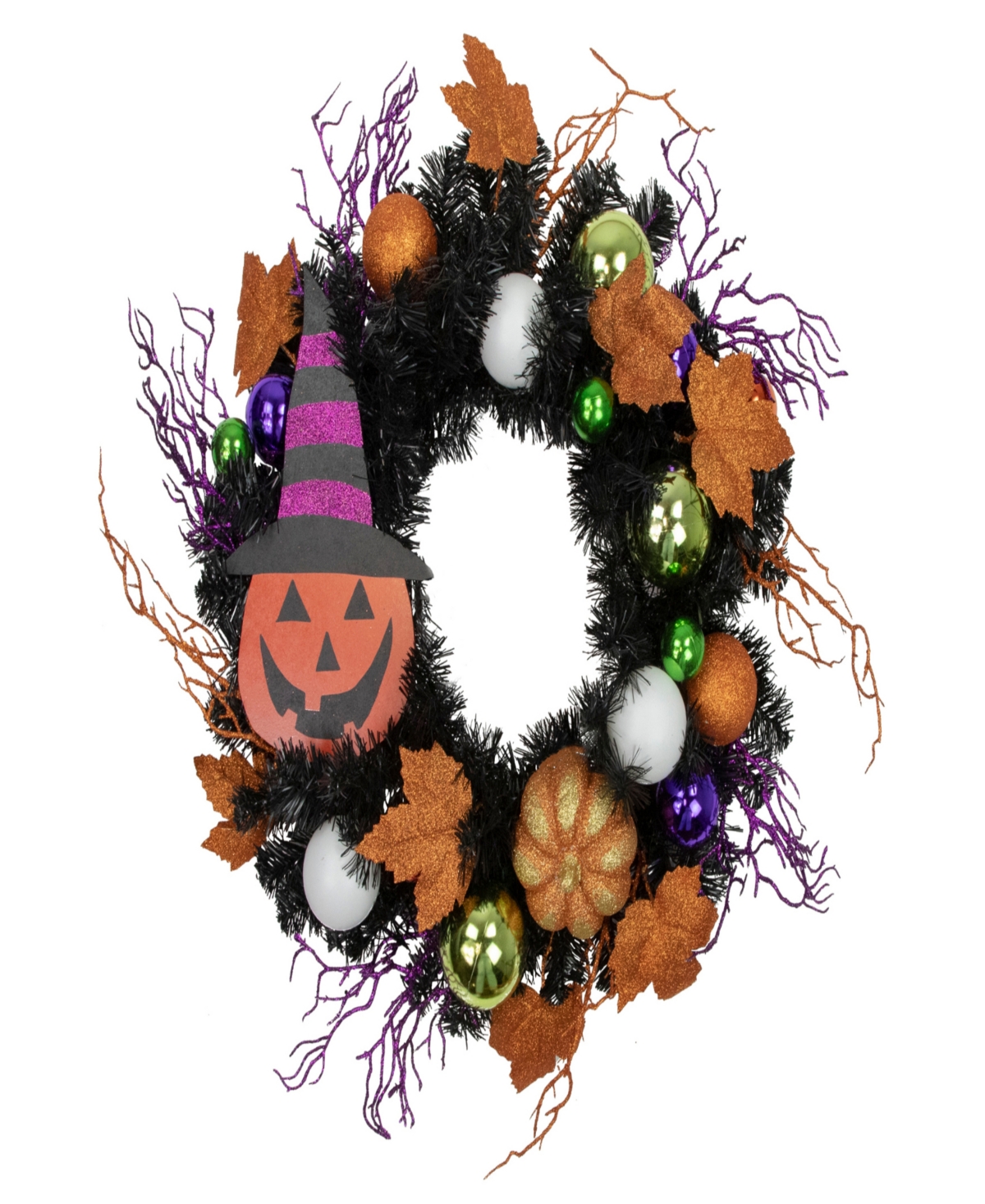 Jack-o'-Lantern in Witches Hat Halloween Pine Wreath, 24" Unlit - Black