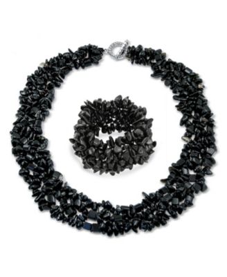 Large Natural Stones Cluster Multi Strand Collar Necklace & Stretch Bracelet Set