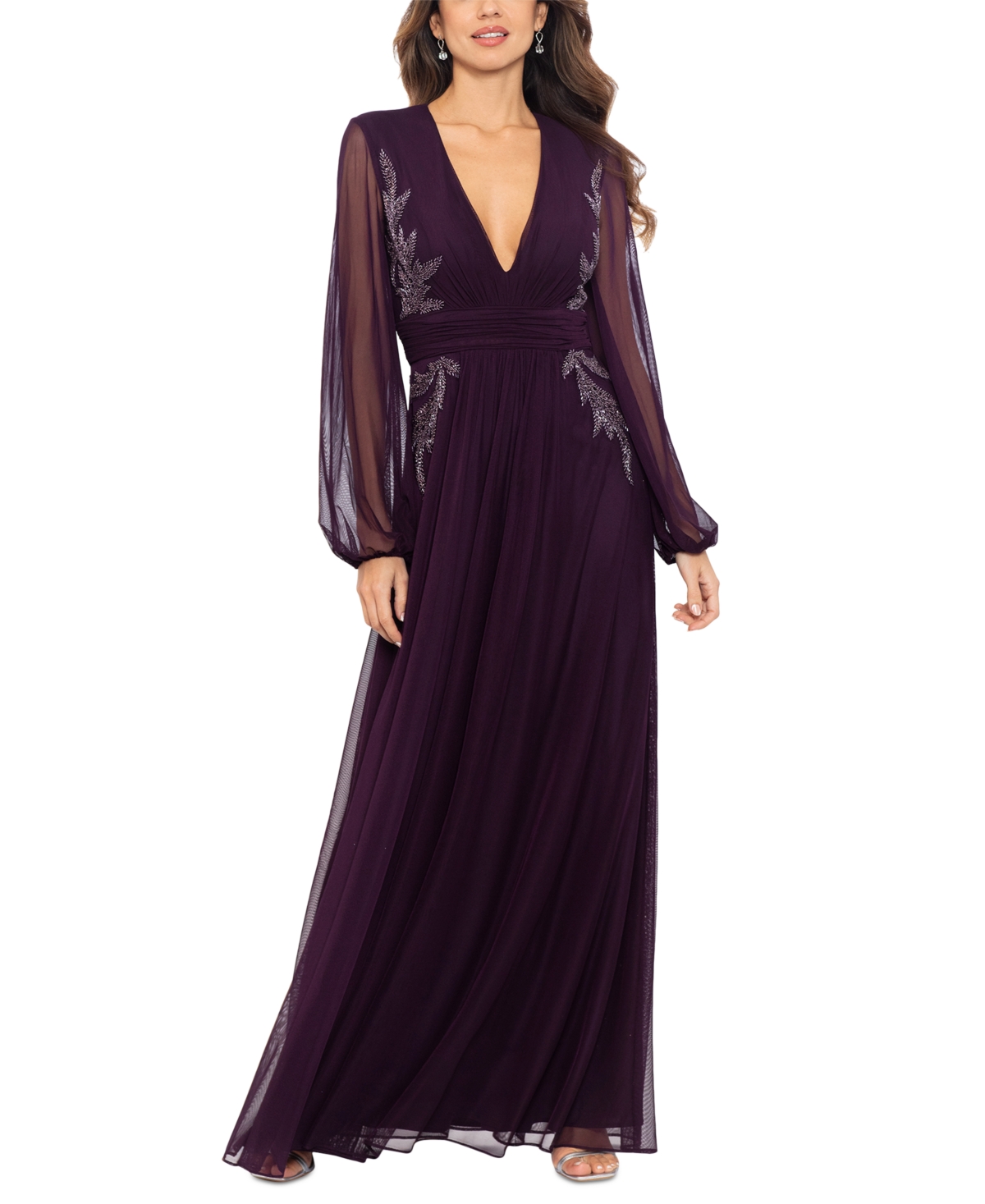 Betsy & Adam Women's V-neck Embroidered Chiffon Gown In Plum