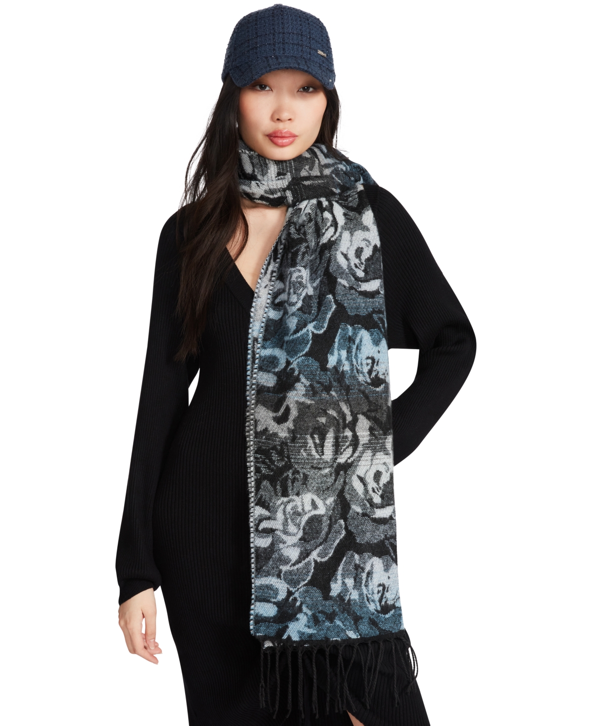 Steve Madden Women's Vibrant Rose Jacquard Blanket Scarf With Fringe In Denim