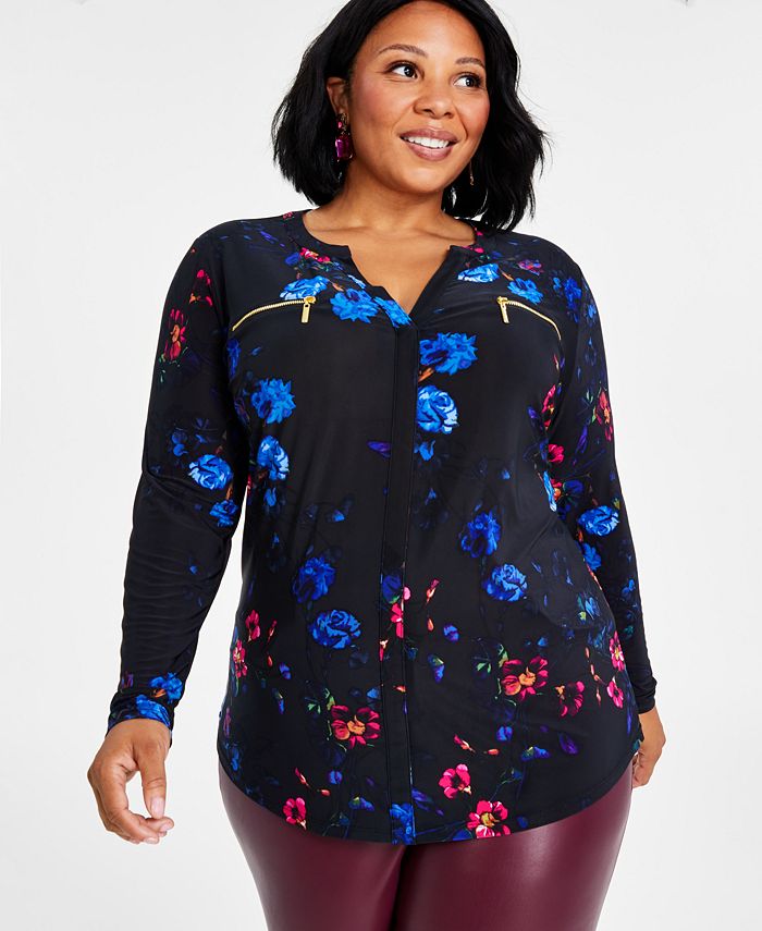 I.N.C. International Concepts Plus Size Floral-Print Long-Sleeve Top ...