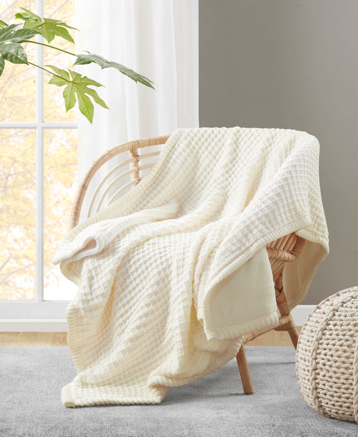 Charter Club Waffle Knit Reversible Faux Fur Throw, 50" X 60", Created For Macy's In Ivory