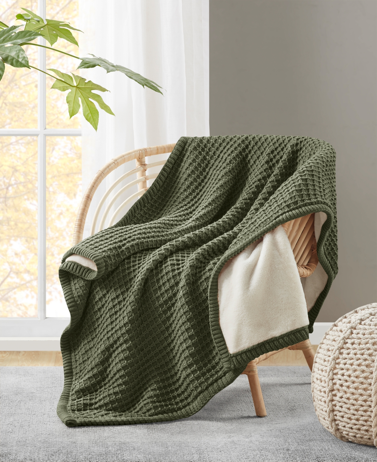 Charter Club Waffle Knit Reversible Faux Fur Throw, 50" X 60", Created For Macy's In Olive