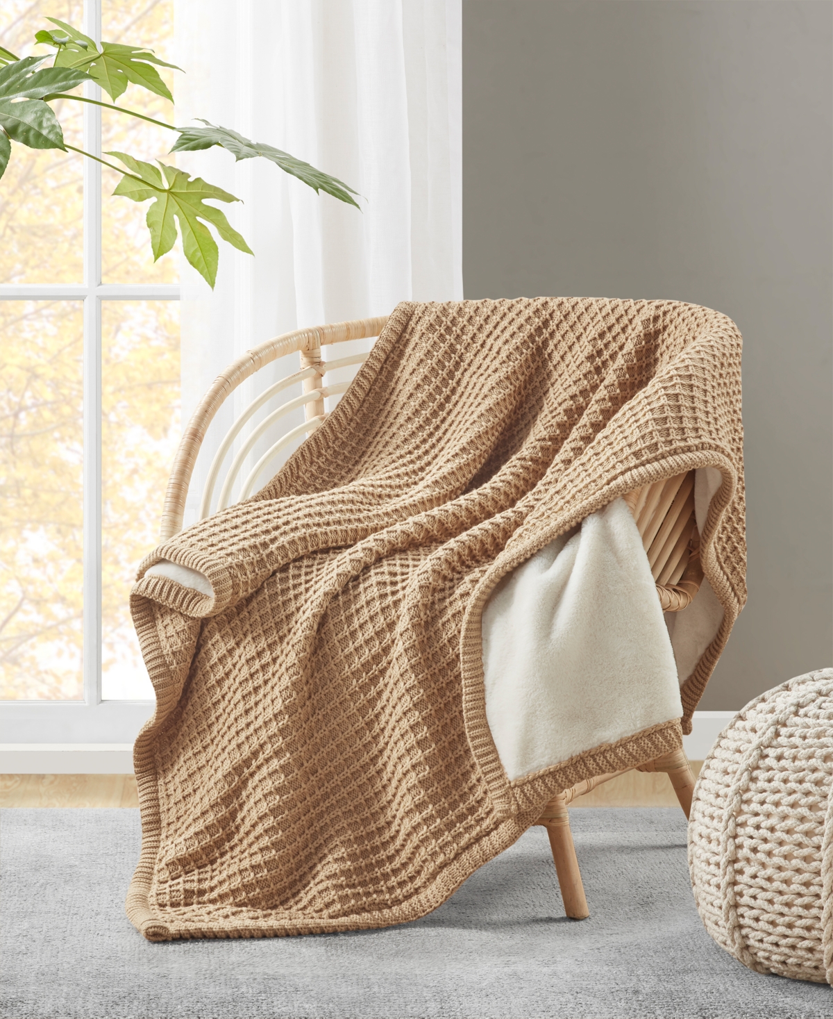 Charter Club Waffle Knit Reversible Faux Fur Throw, 50" X 60", Created For Macy's In Tan