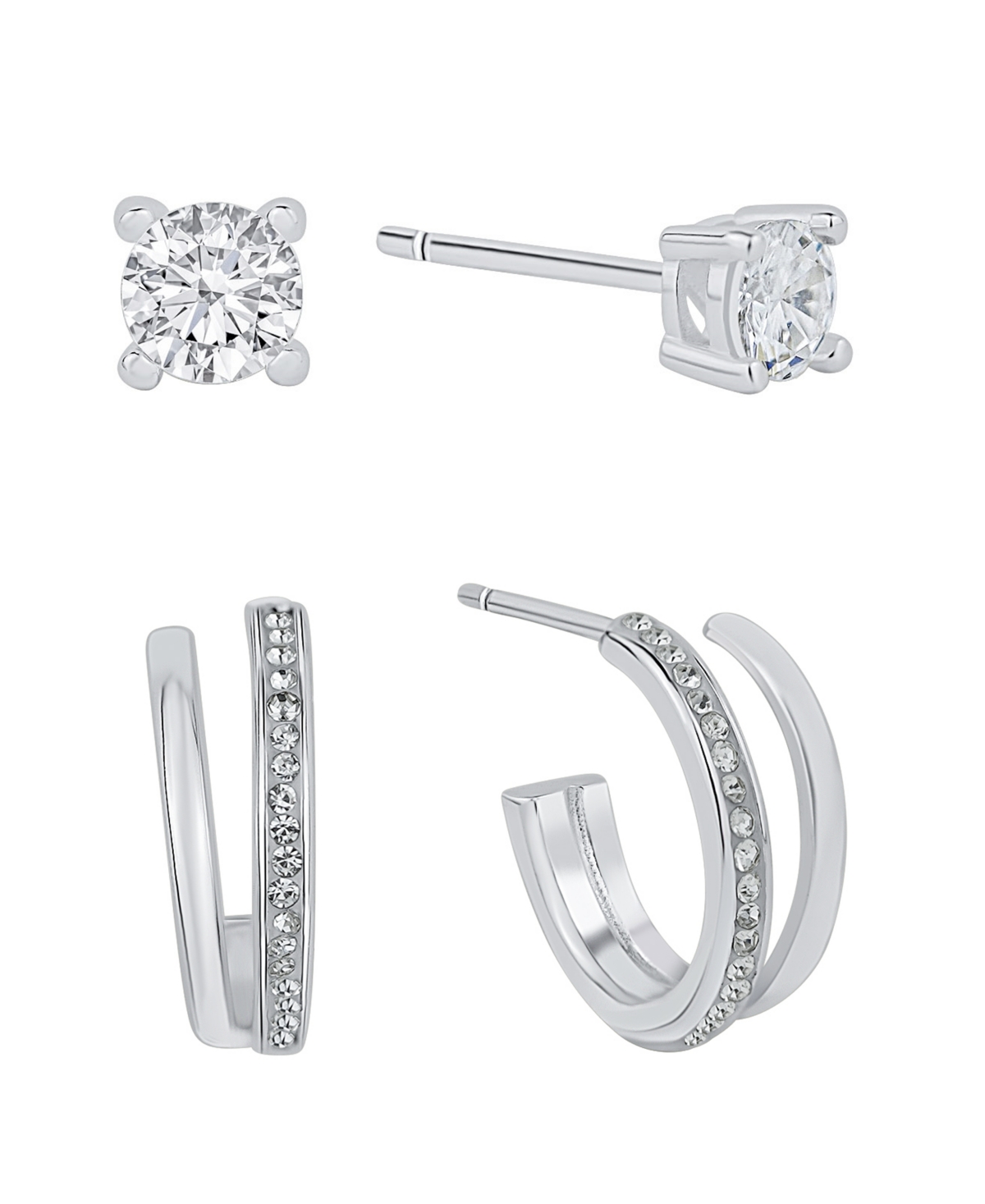 Crystal Hoop and Cubic Zirconia Stud Earring Set - Silver Plated