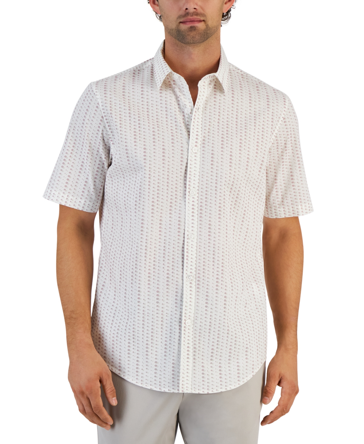 Alfani Men's Geometric Stretch Button-up Short-sleeve Shirt, Created For Macy's In Vanill Ice