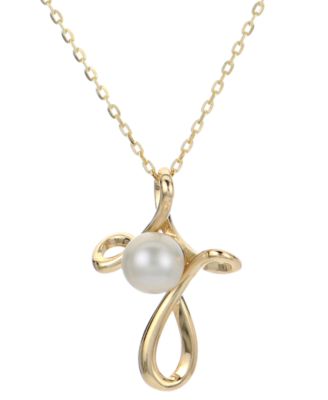 Macy's - Cultured Freshwater Pearl (4-1/2mm) Looped Cross 18" Pendant Necklace in 10k Gold