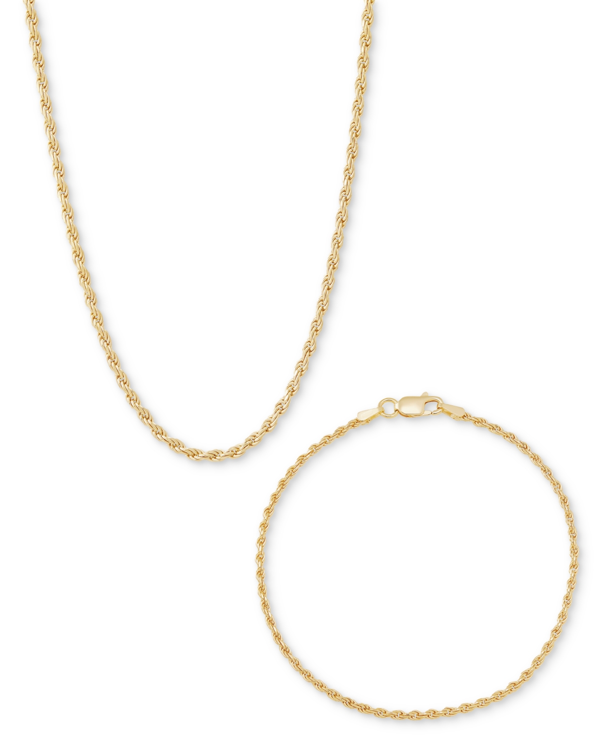 Italian Silver 2-pc. Set Polished Rope Link Collar Necklace & Matching Bracelet In Gold Over Silver