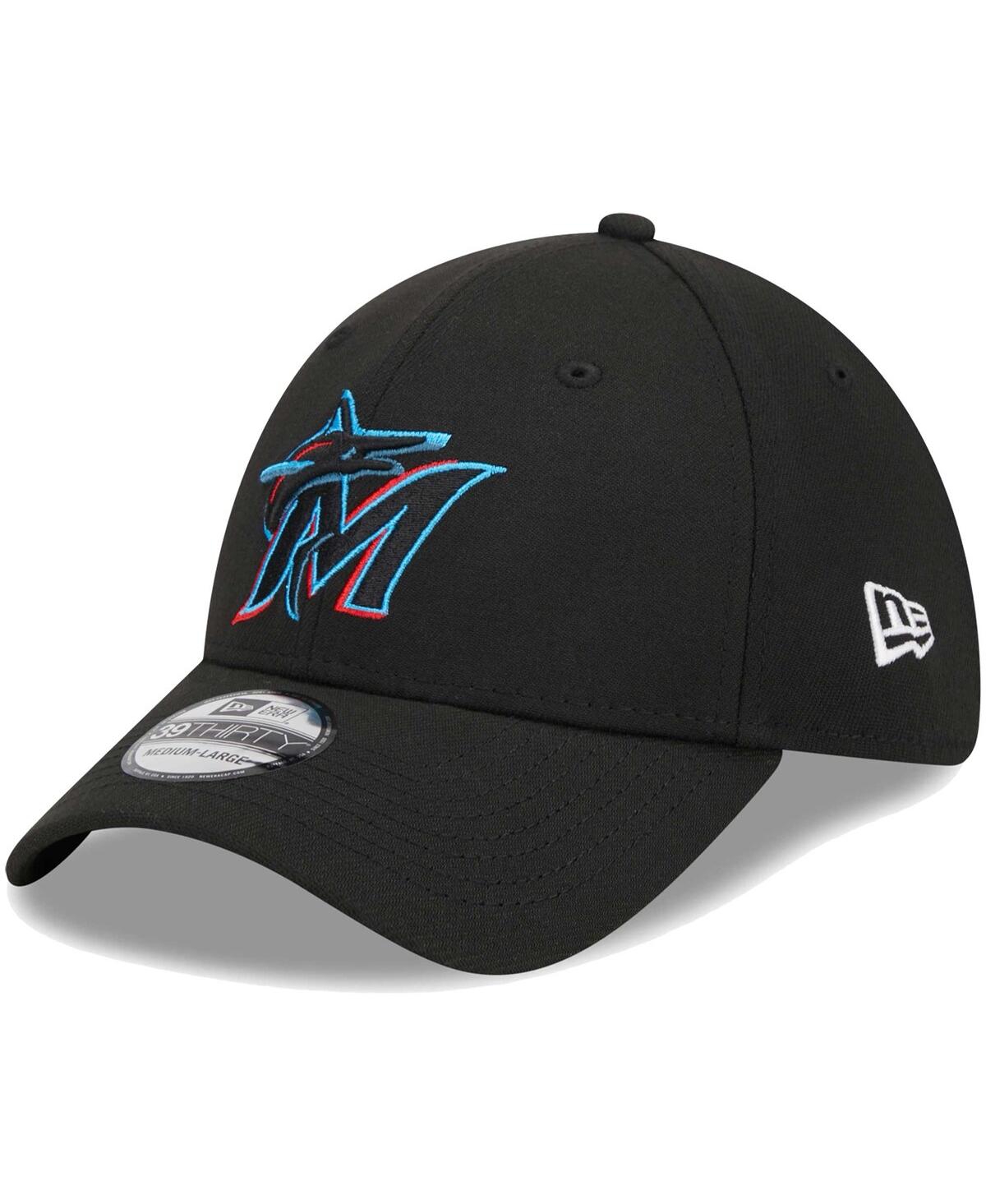 Shop New Era Men's  Black Miami Marlins Logo 39thirty Flex Hat
