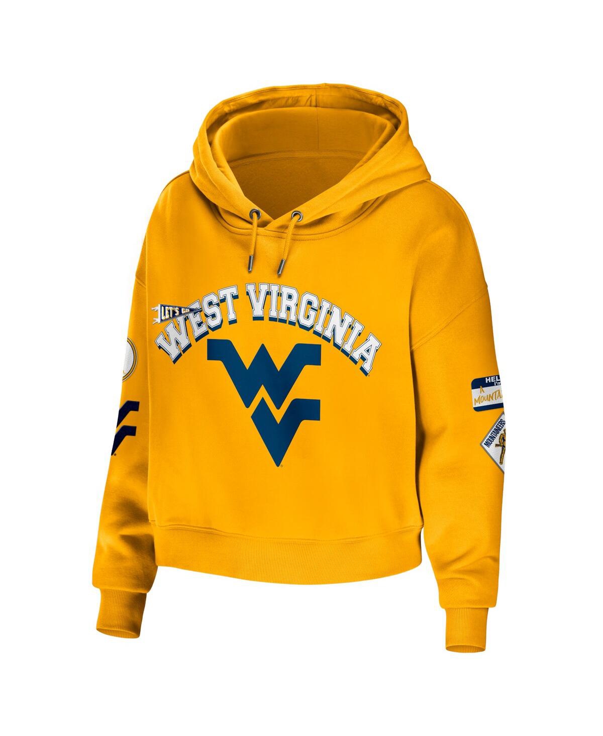 Shop Wear By Erin Andrews Women's  Gold West Virginia Mountaineers Mixed Media Cropped Pullover Hoodie