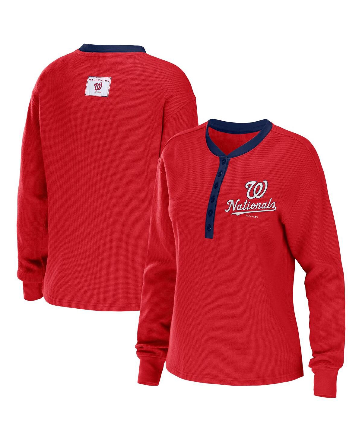 Shop Wear By Erin Andrews Women's  Red Washington Nationals Waffle Henley Long Sleeve T-shirt