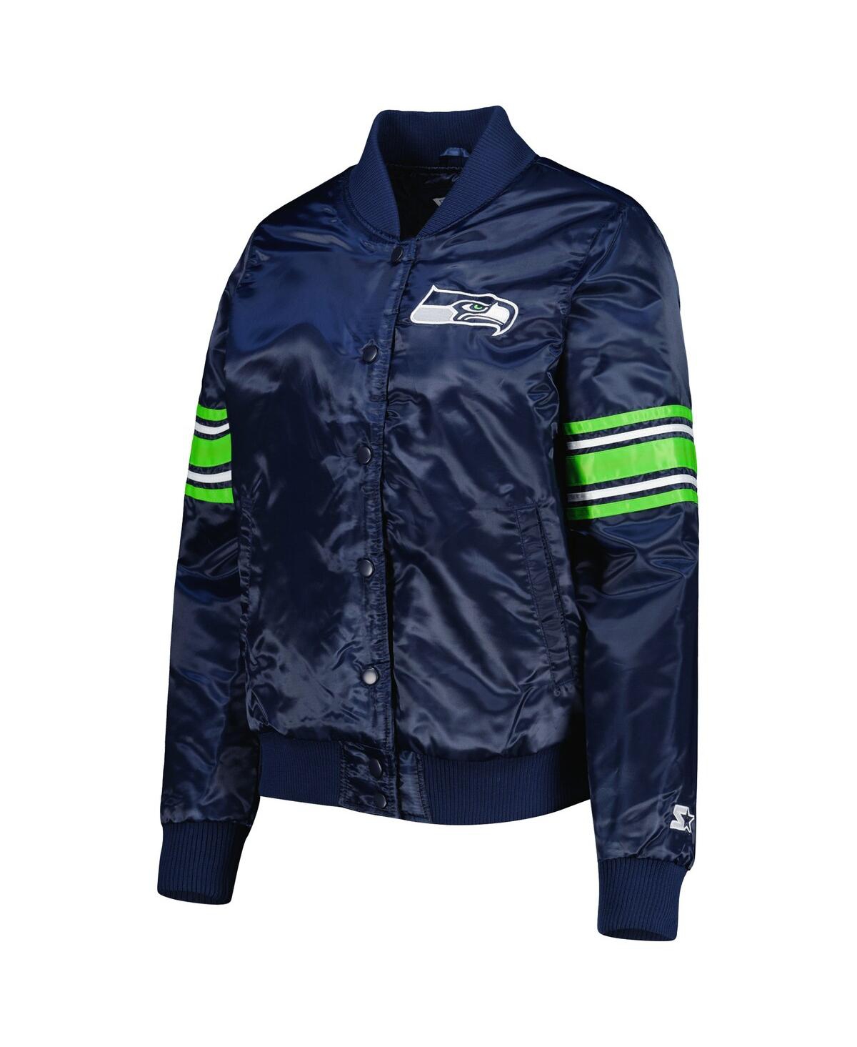 STARTER WOMEN'S STARTER COLLEGE NAVY SEATTLE SEAHAWKS LINE UP SATIN FULL-SNAP VARSITY JACKET 