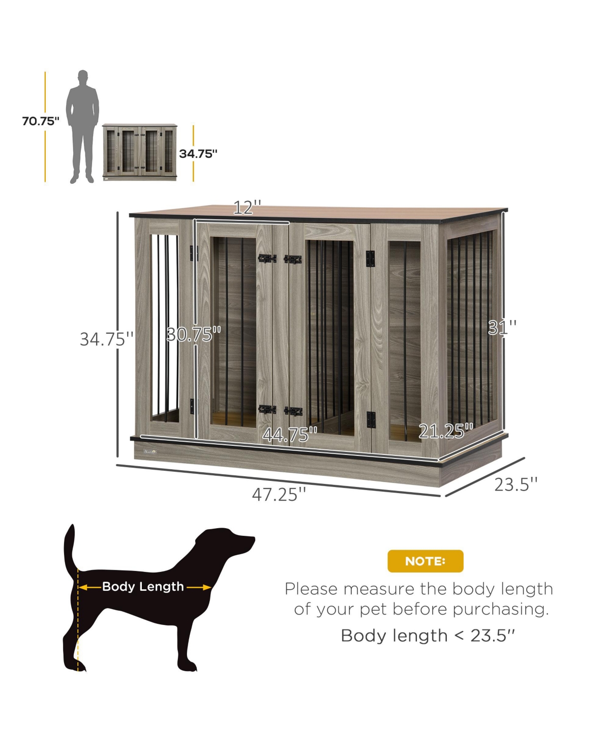 PawHut Large Furniture Style Dog Crate with Removable Panel, End Table with Two Rooms Design and Two Front Doors, Dark Walnut, 34.75