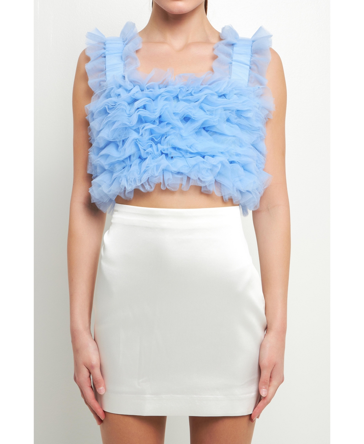 Endless Rose Women's Ruffled Shoulder Strap Tulle Top In Powder Blue