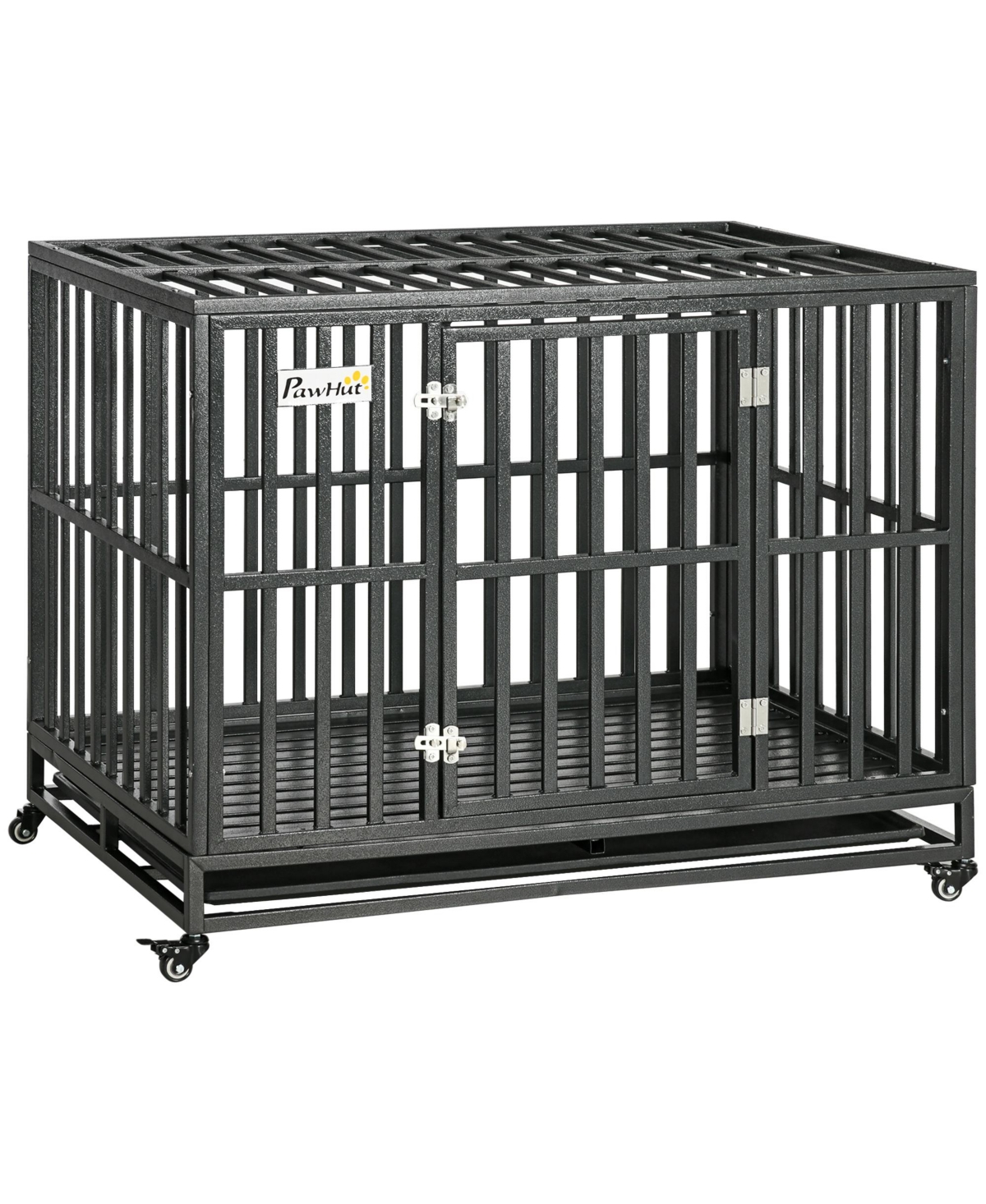 Heavy Duty Dog Crate Metal Kennel and Cage Dog Playpen with Lockable Wheels, Slide-out Tray and Anti-Pinching Floor - Black