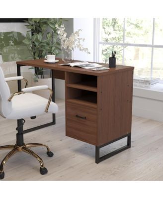 Brighton Rustic Computer Desk With Shelving And Storage Drawer Metal Frame Pedestal Base Home Office Desk