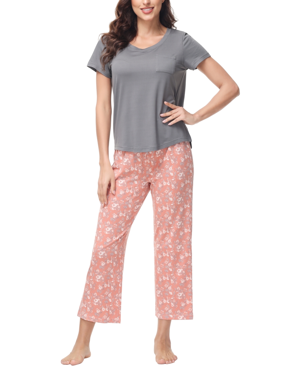 Ink+ivy Women's 2 Piece Short Sleeve Top With Cropped Wide Leg Pants Pajama Set In Sweet Calico