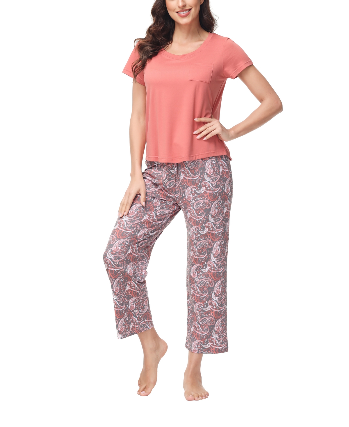 Ink+ivy Women's 2 Piece Short Sleeve Top With Cropped Wide Leg Pants Pajama Set In Sketched Paisley