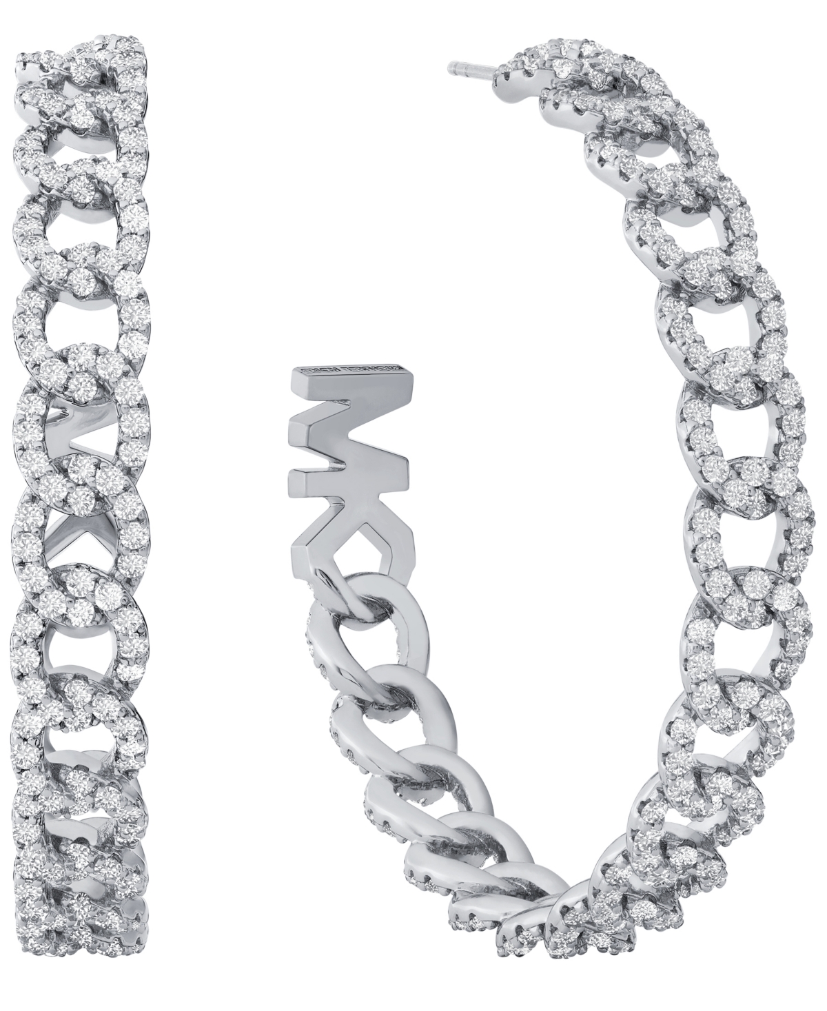 Michael Kors Platinum Plated Pave Frozen Curb Hoop Earrings In Silver