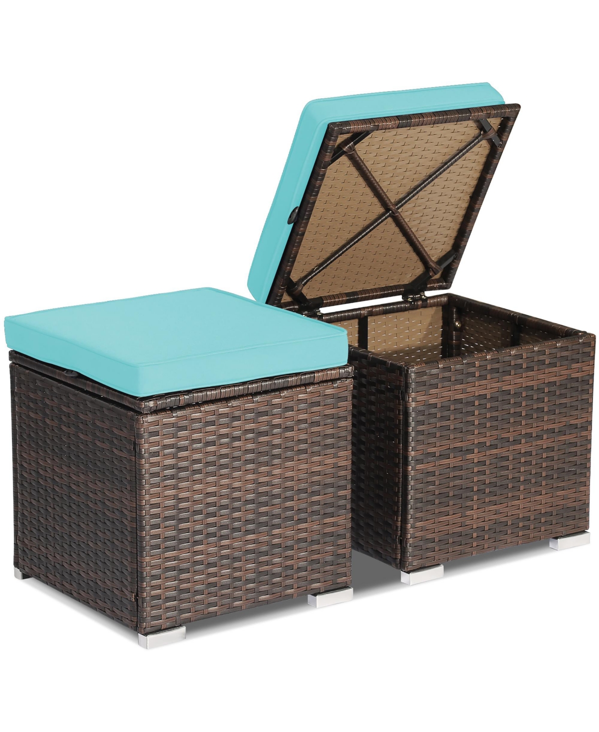 Costway 2PCS Patio Rattan Ottomans Seat Side Table Storage Box Footstool with Cushion