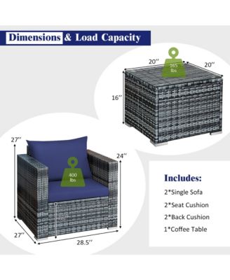 3 PC Patio Rattan Furniture Bistro Set Cushioned Sofa Chair Table