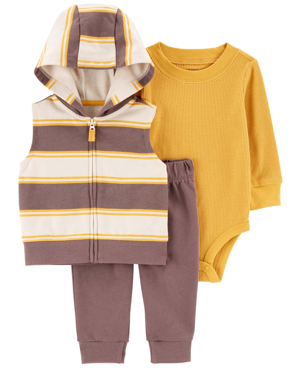 Carter's Baby Boys Striped Hooded Vest, Bodysuit And Pants, 3 Piece Set In Yellow