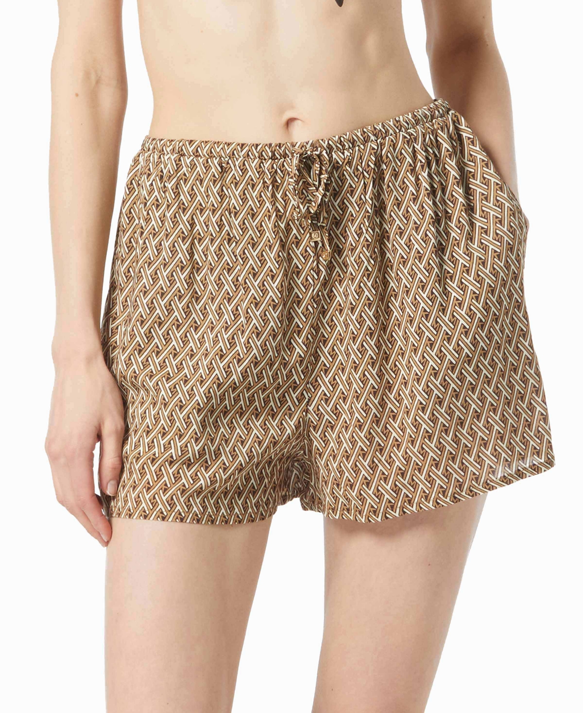 Michael Kors Michael  Women's 2.5" Drawstring Shorts Swim Cover-up In Brown Multi