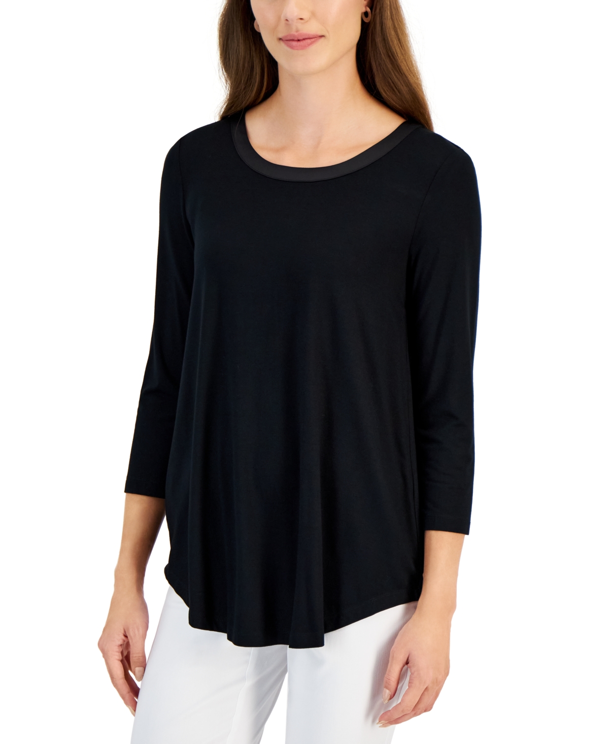 Jm Collection Petite Satin-trim 3/4-sleeve Top, Created For Macy's In Deep Black Combo